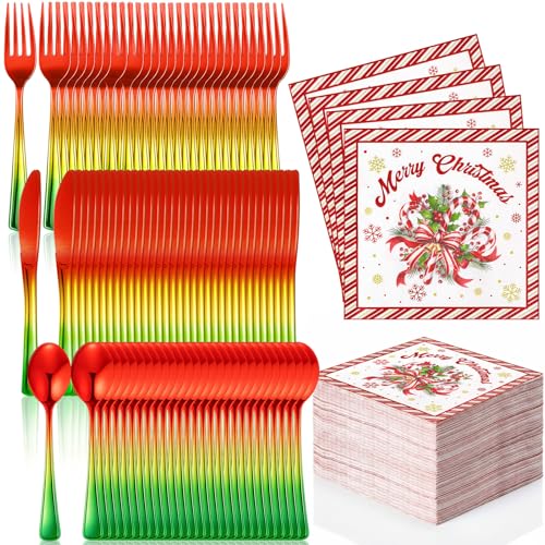 Hushee Disposable Christmas Silverware Set - 200 Pcs Red & Green Plastic Utensils with Napkins