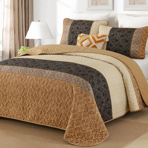Cottolester King Size Boho Plaid Quilt Set - 3 Piece Brown Bedspread