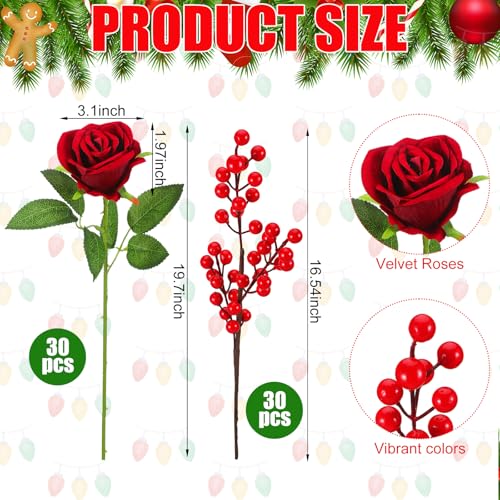 Artificial Velvet Rose & Berry Christmas Decor Set | 60 Pcs Holiday Floral Arrangement