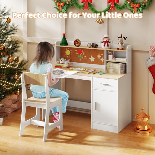 Kids Wooden Desk and Chair Set with Hutch and Storage for Studying