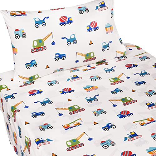 Kids Construction Vehicle Twin Sheet Set - 100% Cotton 3-Piece Bedding