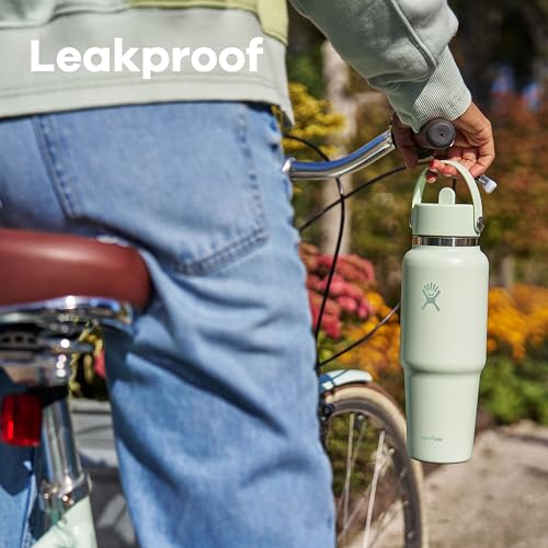 Hydro Flask Travel Water Bottle - Insulated Stainless Steel - Wide Straw Lid, Non Spill, Leakproof in 24 Oz Surf Blue
