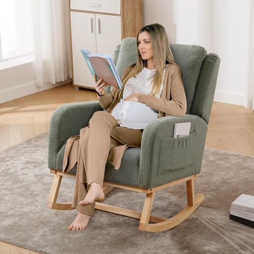 Upholstered Nursery Rocking Chair with Lumbar Pillow and Side Pockets, Green