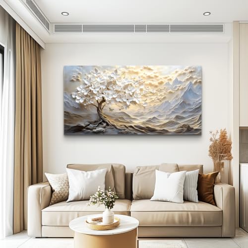 Large White Tree of Life Canvas Wall Art - Mountain Floral Decor