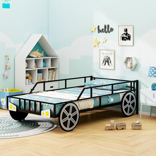 Twin Size Race Car Bed Frame for Kids with Safety Guardrails & Metal Slats