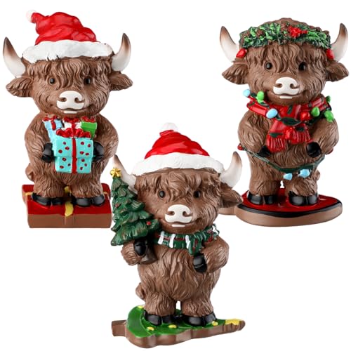 Foilswirl 3-Pcs Christmas Highland Cow Figurines – Highland Cow Desk Decor (Variation: Christmas)
