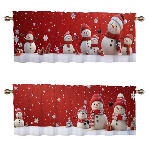 Christmas Kitchen Curtain Valances 2 Pack 54x18in, Cute Snowman Design, Red Window Decor