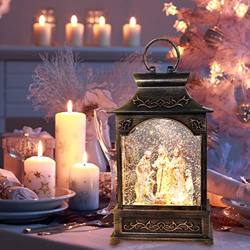 Nativity Scene Musical Christmas Snow Globe Lantern - LED Swirling Glitter Decor