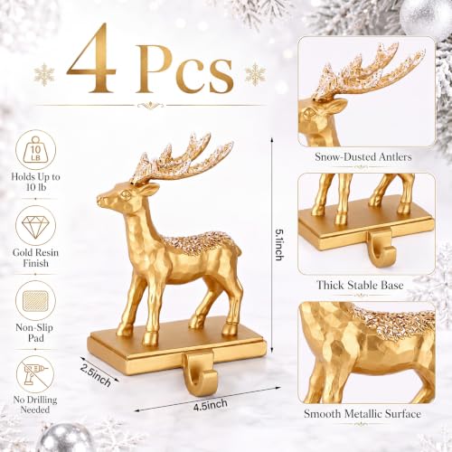 Christmas Reindeer Stocking Holders Set - Gold Deer Mantel Hangers, 4 Pack