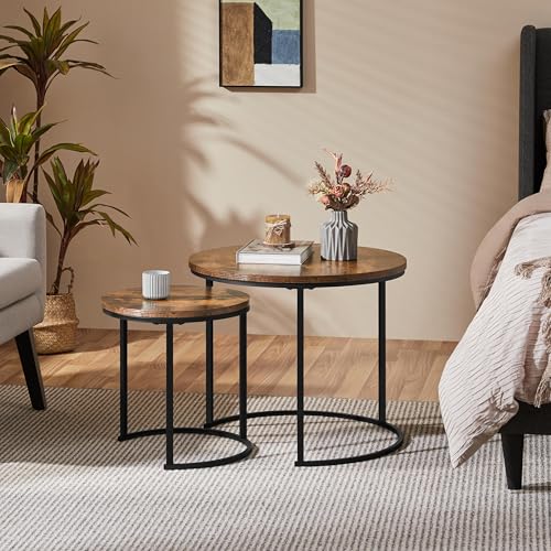 Round Nesting Coffee Table Set of 2, Rustic Brown Industrial Side Tables