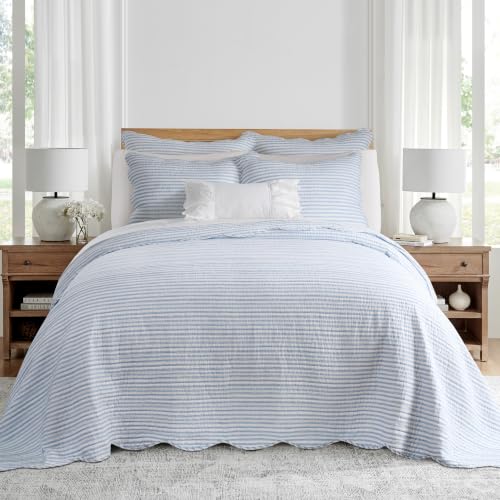 Reversible Blue Stripe Queen Bedspread Set with Pillow Shams