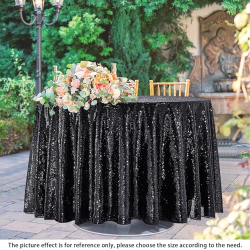 QueenDream Black Sequin Round Tablecloth 108 inch - Glitter Festive Table Cover
