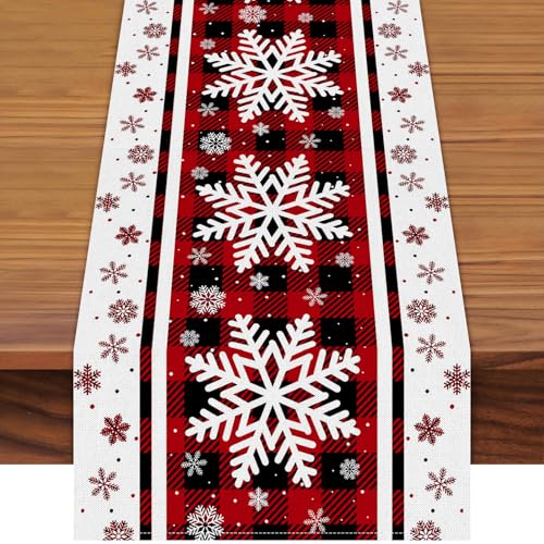 Christmas Table Runner 13x90 Inch Red & Black Buffalo Plaid Snowflake Pattern Linen
