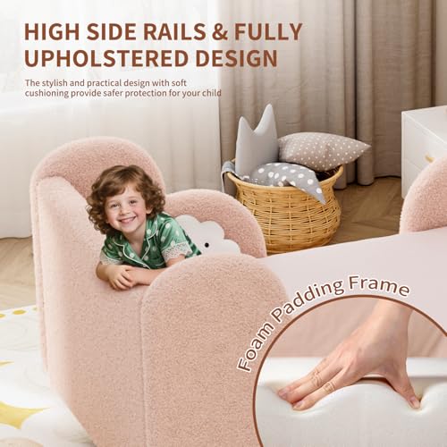 Upholstered Toddler Floor Bed, Convertible Montessori Kids Bed with Guardrails