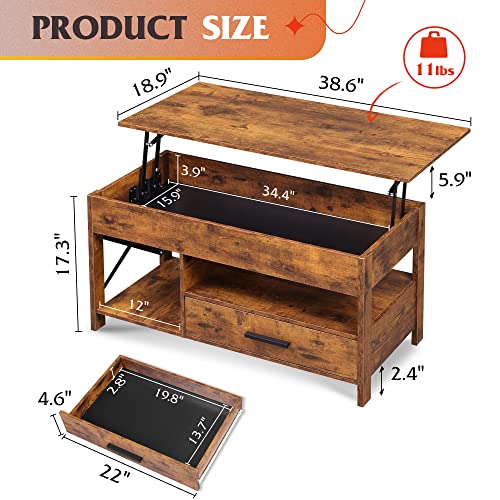 Lift Top Coffee Table with Hidden Storage and Drawer, Modern Farmhouse Wood
