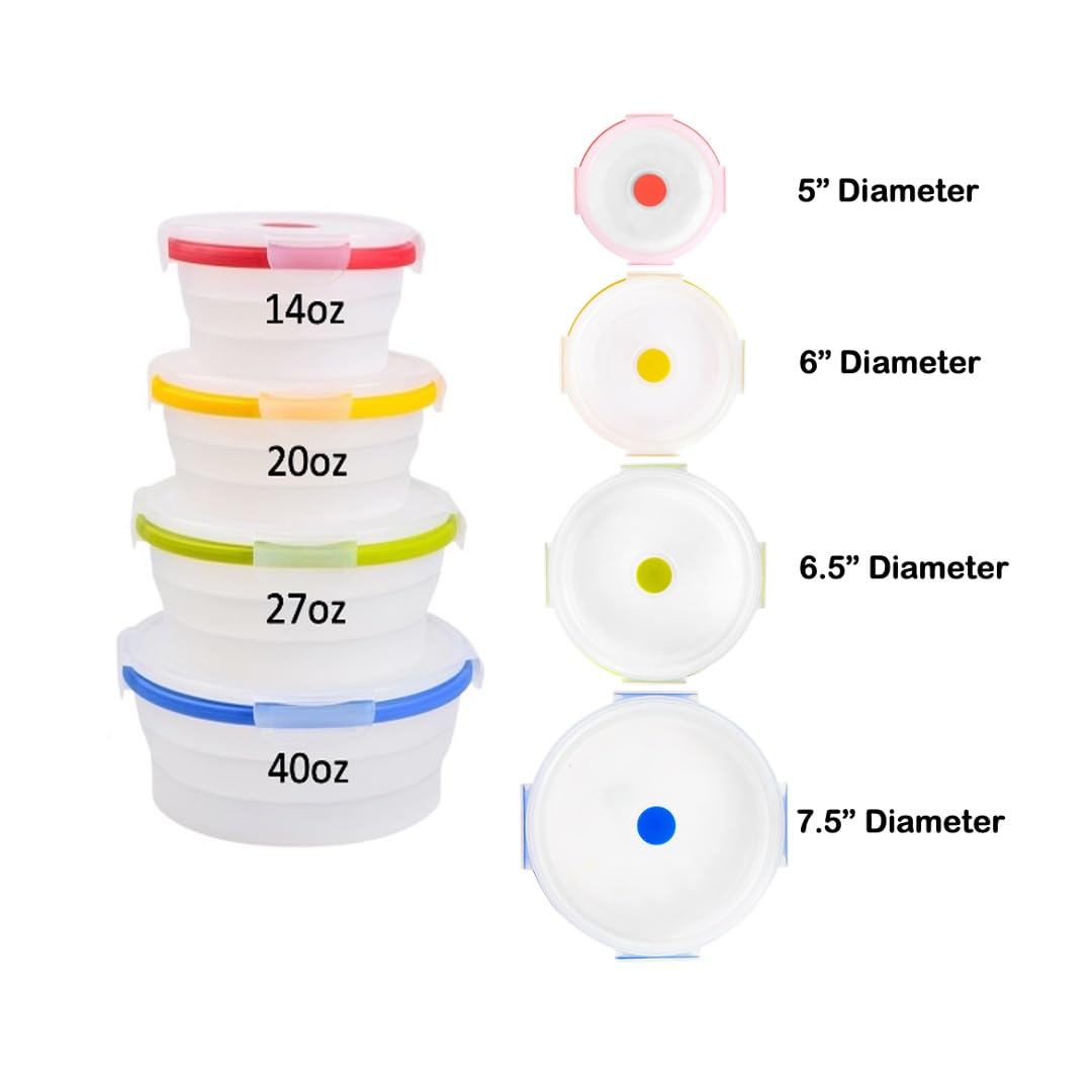 ECOBERI Collapsible Silicone Food Storage Containers, BPA Free, Microwave, Freezer and Dishwasher Safe, Lunch, Meal Prep, Travel, Space-Saving