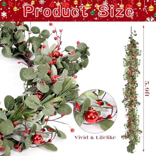 XunYee 1 Pcs 6ft Artificial Eucalyptus Garland with Red Berries – Christmas Holiday Decor (Variation: THIS listing: 1)