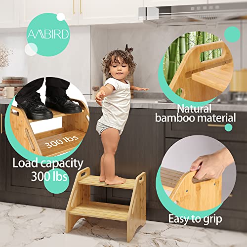 Bamboo 2-Step Stool for Kids & Toddlers with Handles and Non-Slip Pads