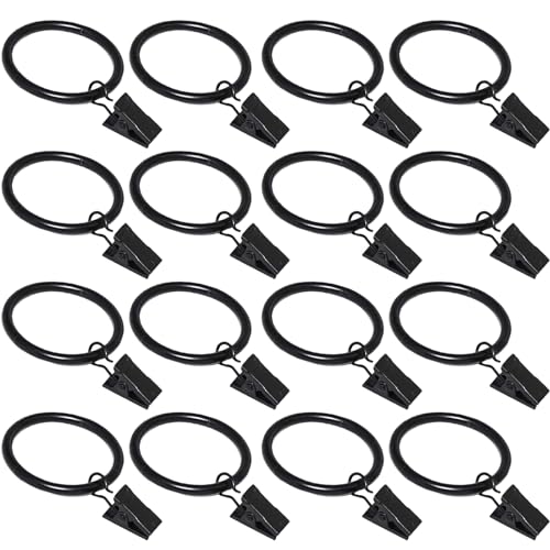 Black Metal Curtain Rings with Clips, Fits Up to 1-Inch Rod (16 Pack)