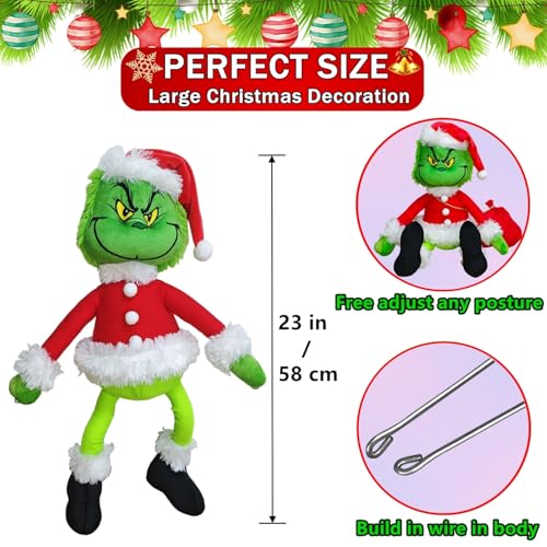 Christmas Green Monster Decorations with Lights, 23.6in Poseable Plush Santa for Indoor & Outdoor Holiday Decor