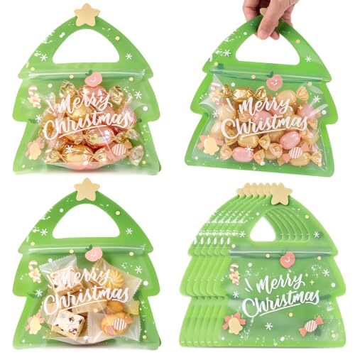 Leafory 50 Pcs Christmas Tree Shaped Treat Bags with Handle, Reusable Gift Bags