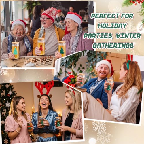 Tioncy 8 Pcs 16oz Christmas Tree Glass Cups with Bamboo Lids, Straws & Brush Set (Christmas Variation)