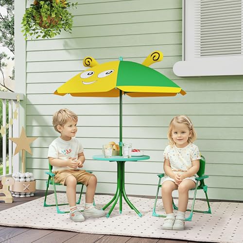 Kids Outdoor Garden Set with Adjustable Bee Pattern Umbrella, Play Table & Chairs