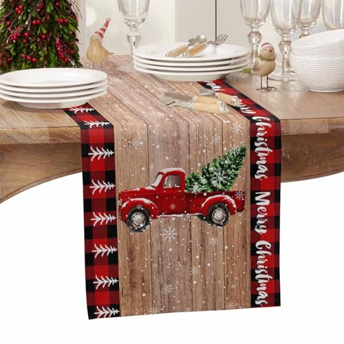 PIEPLE Christmas Red Truck Table Runner 13x36 Inch Farmhouse Holiday Decor