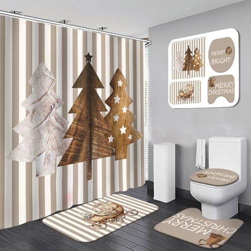 Drydiet 4-Piece Christmas Rustic Bathroom Decor Set with Shower Curtain & Rugs, Brown