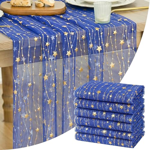 Artoid Mode 28x120 Inch 6pc Dark Blue Glitter Gauze Table Runner for Wedding & Party Decor