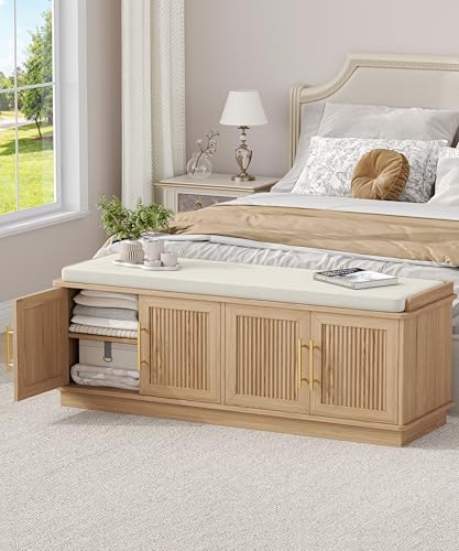 47-inch Fluted Shoe Storage Bench with Padded Cushion and Adjustable Shelves