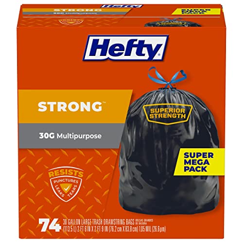 Hefty Strong 30 Gallon Trash Bags with Drawstrings, Black, 74 Count