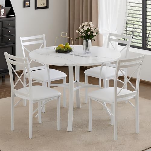 5-Piece Dining Table Set for 4, Faux Marble Top with 4 Upholstered Chairs