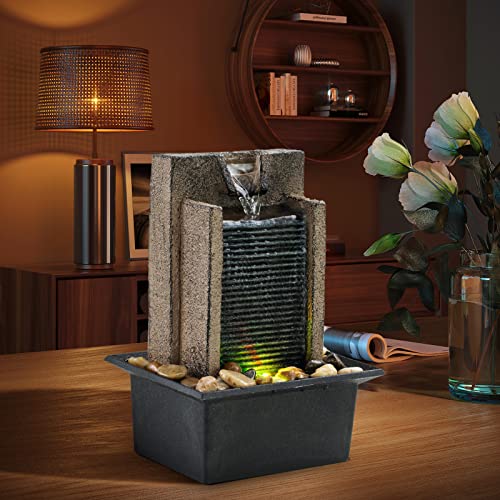 Indoor Tabletop Waterfall Fountain with Color-Changing LED Lights & Rocks