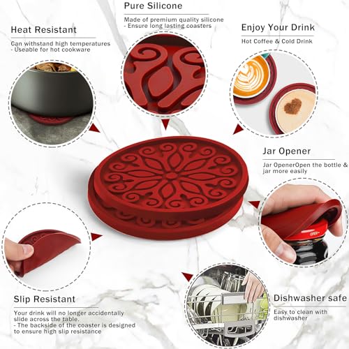 QUSUM 2-Pack Red Silicone Drink Coasters - Non-Slip, Durable & Heat-Resistant