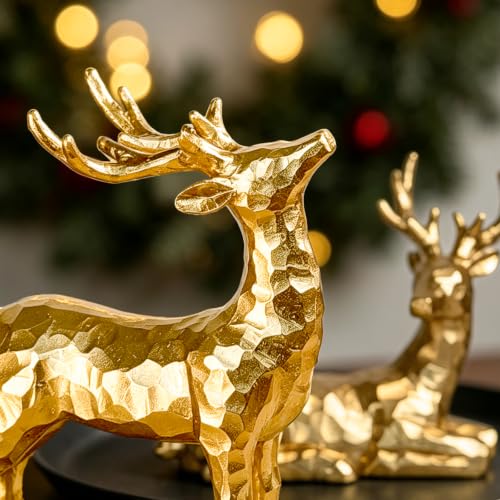Gold Resin Reindeer Figurines Set of 2 Christmas Tabletop Decor