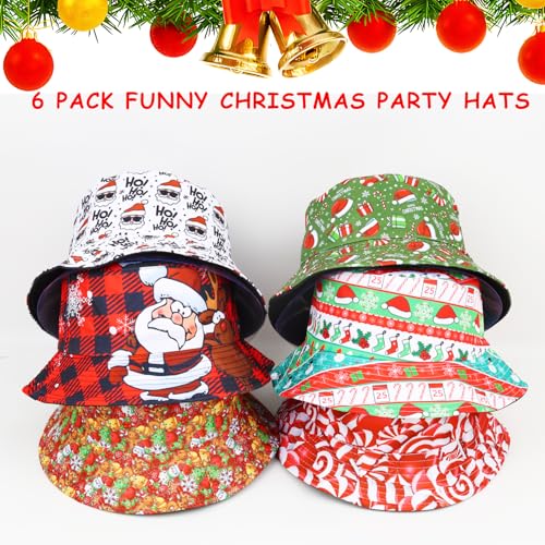HEYTOP 6 Pack Funny Christmas Party Bucket Hats Santa Xmas Costume Accessories