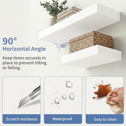 12-Inch White Floating Wall Shelves - Set of 2 Modern Wooden Hanging Shelves