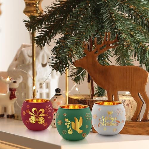 Christmas Glass Votive Candle Holders Set of 6 - Holiday Table Centerpiece