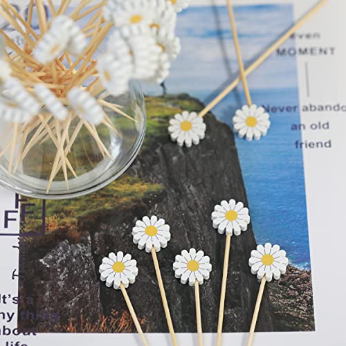 Crafterlife Daisies Spring Floral Cocktail Picks - 100 Eco-Friendly Food Skewers for Party & Appetizers