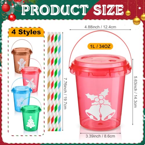 Ceenna 24 Pack Christmas Plastic Drink Buckets 34oz with Lids & Straws - Classic Holiday Design