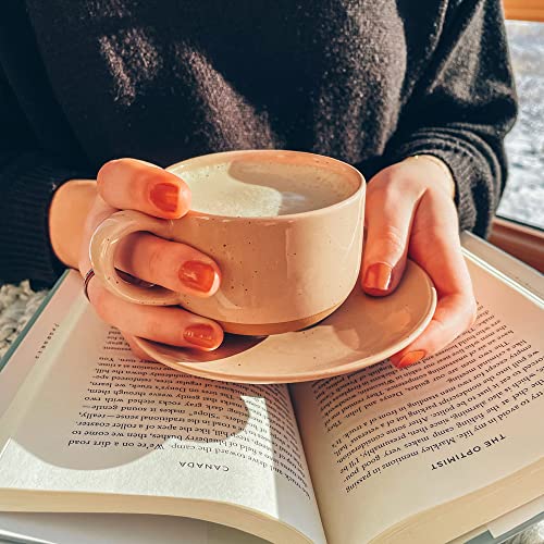 MORA Assorted Neutrals 8oz Ceramic Cappuccino Mug Set of 4 with Saucers – Microwave & Dishwasher Safe Coffee & Tea Cups