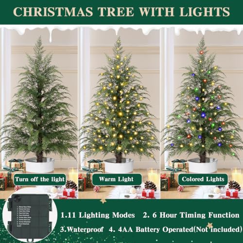 Waipfaru 3-5 ft Pre-Lit Cedar Christmas Tree Set of 3 - Realistic Mini Artificial Trees with 9 Light Modes
