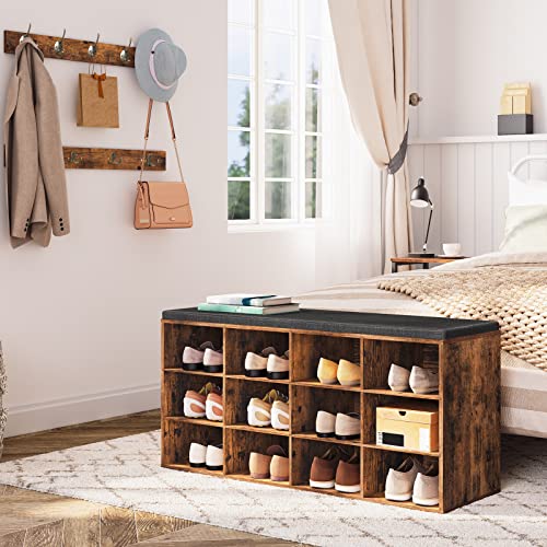 Entryway Shoe Storage Bench with Cushion and 12 Cubbies, 39.4-Inch