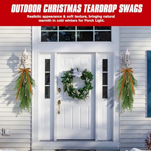 27-Inch Artificial Norfolk Pine Christmas Teardrop Swag with Velvet Bows & Bells