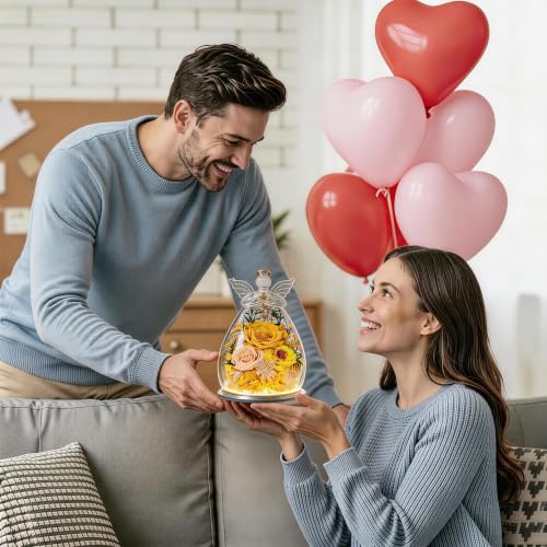 SerPro Preserved Rose Angel Figurine with Warm LED Lights in Glass Dome (Yellow) — Gifts for Women