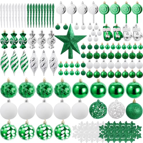 130 Pcs Green, Silver & White Christmas Ball Ornaments Set - Shatterproof with 130-pc Variety (Green / 130 Pcs)