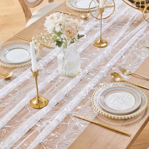 White Silver 3-Piece 29x120 Inch Metallic Foil Tulle Table Runners for Weddings & Parties