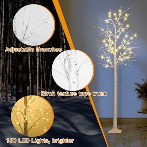 8ft Lighted Birch Tree with 150 LED Warm Lights - Indoor Outdoor Christmas Decor