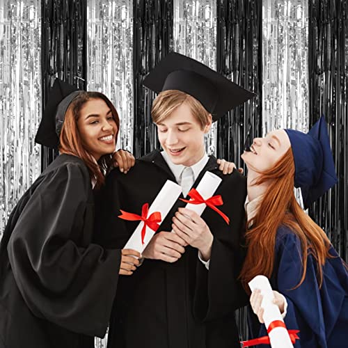 Black and Silver Foil Fringe Curtains (2 Pack, 3.2 x 8.2 ft) Photo Backdrop